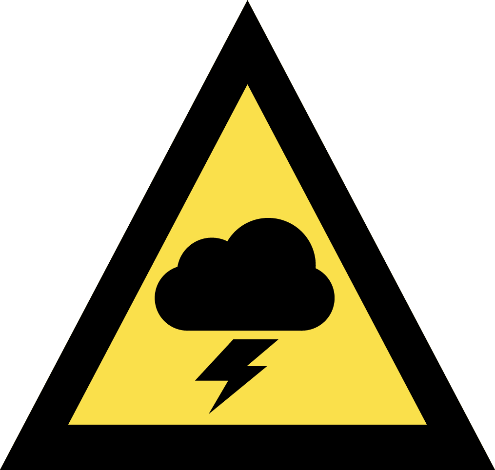 SevereWeather-Advice-Icon The image depicts an Australian Warning System Hazard Icon. The Icon is in the shape of an equilateral triangle depicting a black border and a yellow background to reflect the 'Advice' warning level, within the triangle, in black, is a cloud with one lighting bolt coming out of the bottom to depict the hazard of severe weather.