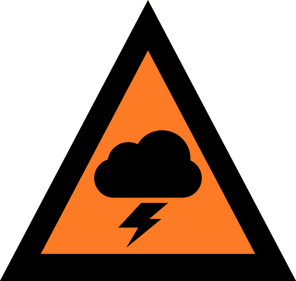 SevereWeather-WatchandAct-Icon The image depicts an Australian Warning System Hazard Icon. The Icon is in the shape of an equilateral triangle depicting a black border and an orange background to reflect the 'Watch and Act' warning level, within the triangle, in black, is a cloud with one lighting bolt coming out of the bottom to depict the hazard of severe weather.