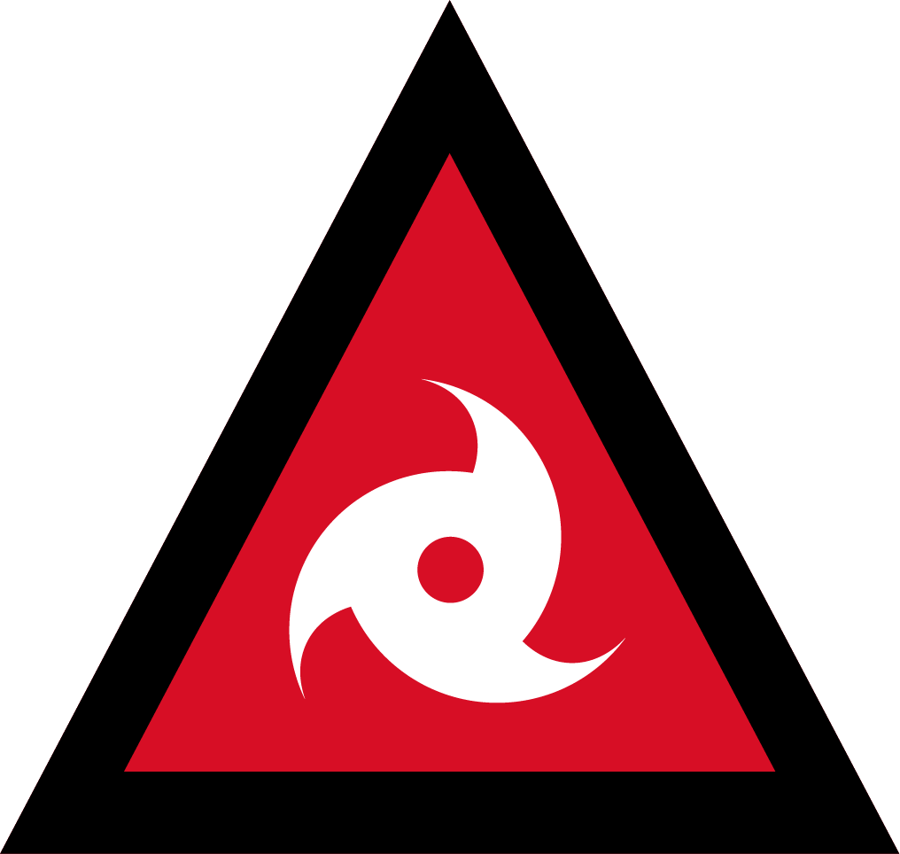 Cyclone-EmergencyWarning-Icon The image depicts an Australian Warning System Hazard Icon. The Icon is in the shape of an equilateral triangle depicting a black border and a red background to reflect the 'Emergency Warning' warning level, within the triangle, in white, is a circle with three prongs curving out to the corners of the triangle to depict the hazard of a cyclone.