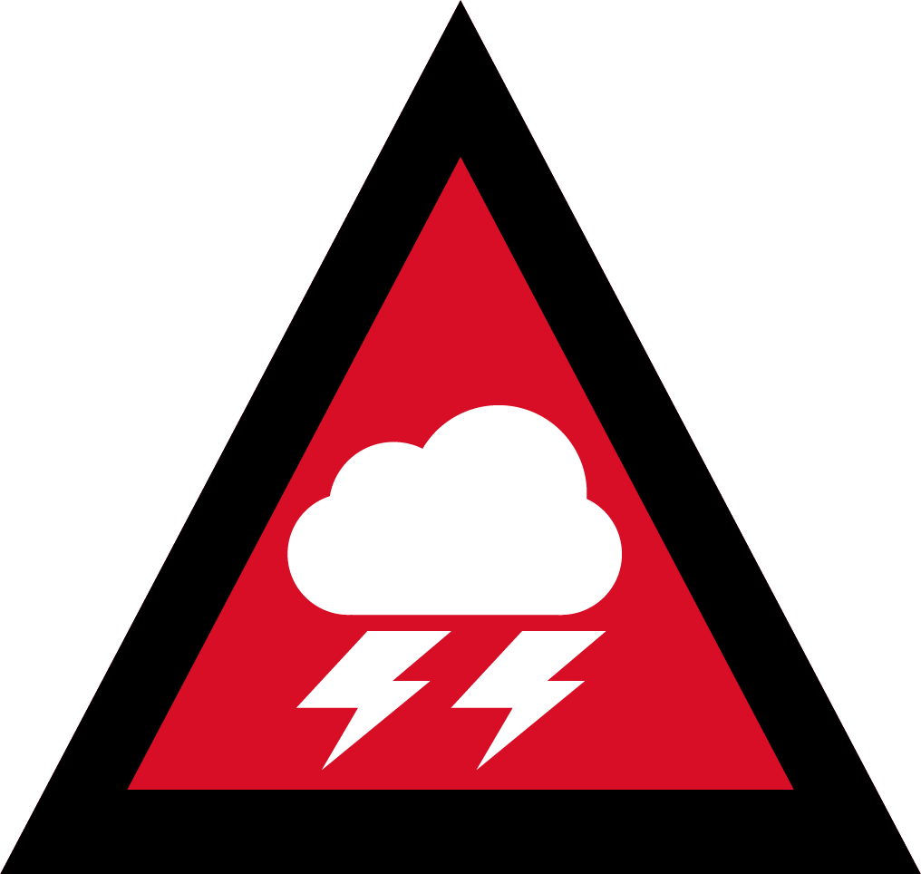 SevereWeather-EmergencyWarning-Icon The image depicts an Australian Warning System Hazard Icon. The Icon is in the shape of an equilateral triangle depicting a black border and a red background to reflect the 'Emergency Warning' warning level, within the triangle, in white, is a cloud with two lighting bolts coming out of the bottom to depict the hazard of severe weather.