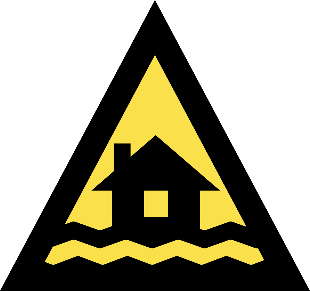 Flood-Advice-Icon The image depicts an Australian Warning System Hazard Icon. The Icon is in the shape of an equilateral triangle depicting a black border and a yellow background to reflect the 'Advice' warning level, within the triangle, in black, is a house with waves to depict the hazard of flooding.