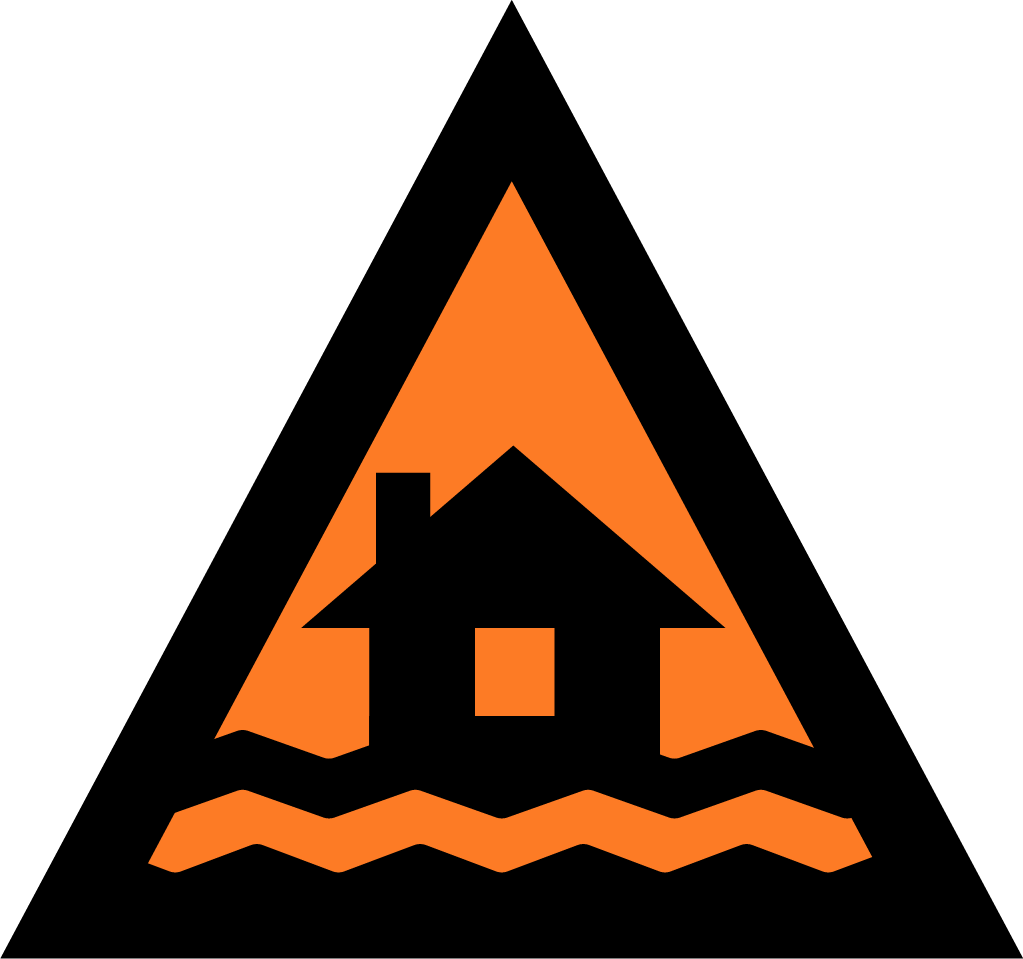 Flood-WatchandAct-Icon The image depicts an Australian Warning System Hazard Icon. The Icon is in the shape of an equilateral triangle depicting a black border and a orange background to reflect the 'Watch and Act' warning level, within the triangle, in black, is a house with waves to depict the hazard of flooding.