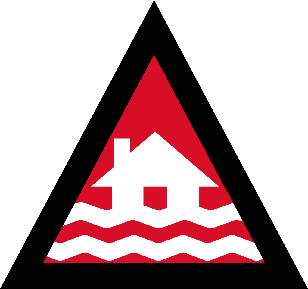 Flood-EmergencyWarning-Icon The image depicts an Australian Warning System Hazard Icon. The Icon is in the shape of an equilateral triangle depicting a black border and a red background to reflect the 'Emergency Warning' warning level, within the triangle, in white, is a house with two waves to depict the hazard of flooding.