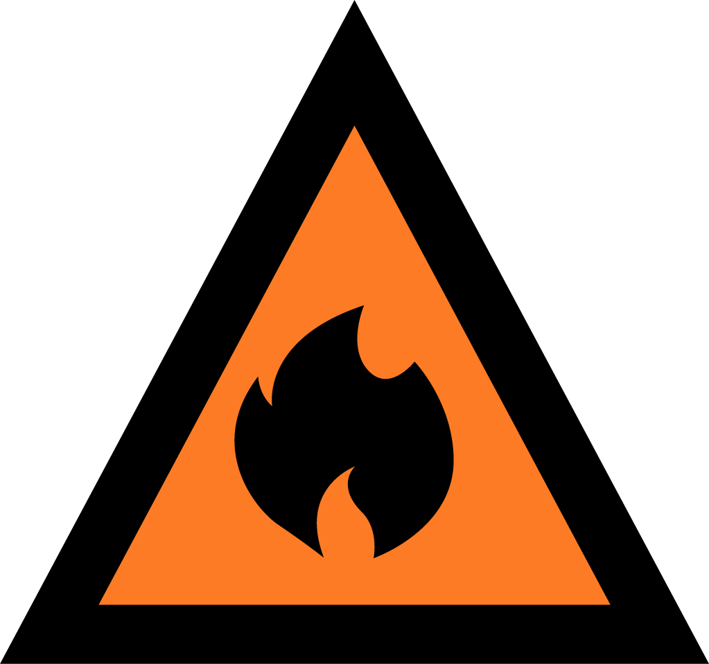 Bushfire-WatchandAct-Icon The image depicts an Australian Warning System Hazard Icon. The Icon is in the shape of an equilateral triangle depicting a black border and a orange background to reflect the 'Watch and Act' warning level, within the triangle, in black, is a flame to depict the hazard of a bushfire.