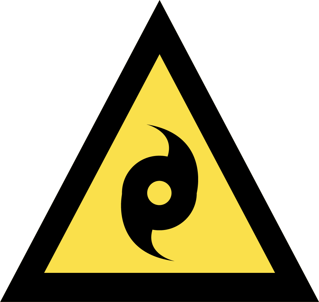 Cyclone-Advice-Icon The image depicts an Australian Warning System Hazard Icon. The Icon is in the shape of an equilateral triangle depicting a black border and a yellow background to reflect the 'Advice' warning level, within the triangle, in black, is a circle with two prongs curving out from the top and bottom to depict the hazard of a cyclone.