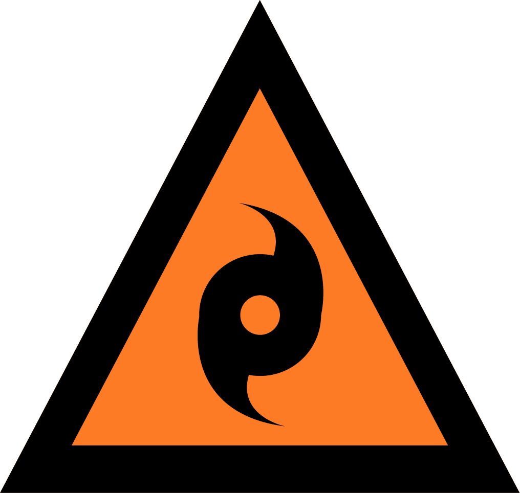 Cycone-WatchandAct-Icon The image depicts an Australian Warning System Hazard Icon. The Icon is in the shape of an equilateral triangle depicting a black border and a orange background to reflect the 'Watch and Act' warning level, within the triangle, in black, is a circle with two prongs curving out from the top and bottom to depict the hazard of a cyclone.